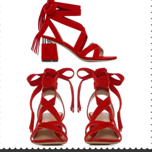 PAIGE Shoes - Paige Jodie Red Fringe Ankle Wrap Sandals Strappy